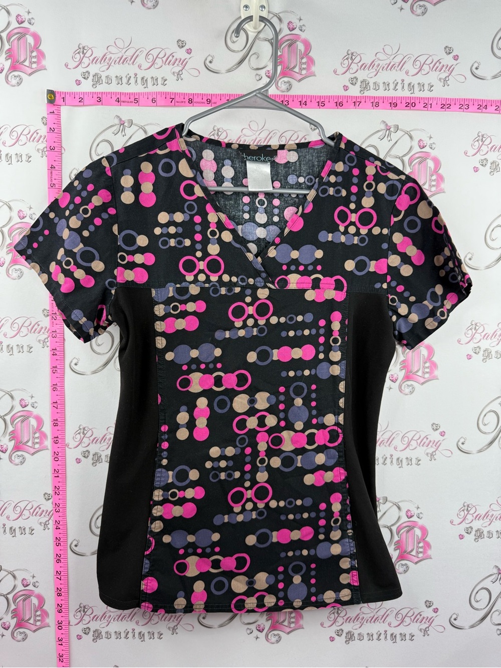 Cherokee tshirt top Black Scrub Top with Pink and Taupe Dot Pattern funky groovy